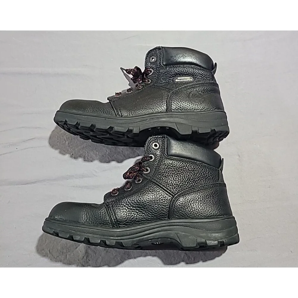 Skechers Relaxed Fit Steel Toe Black Leather Boots Men Size 9.5 Model 77009